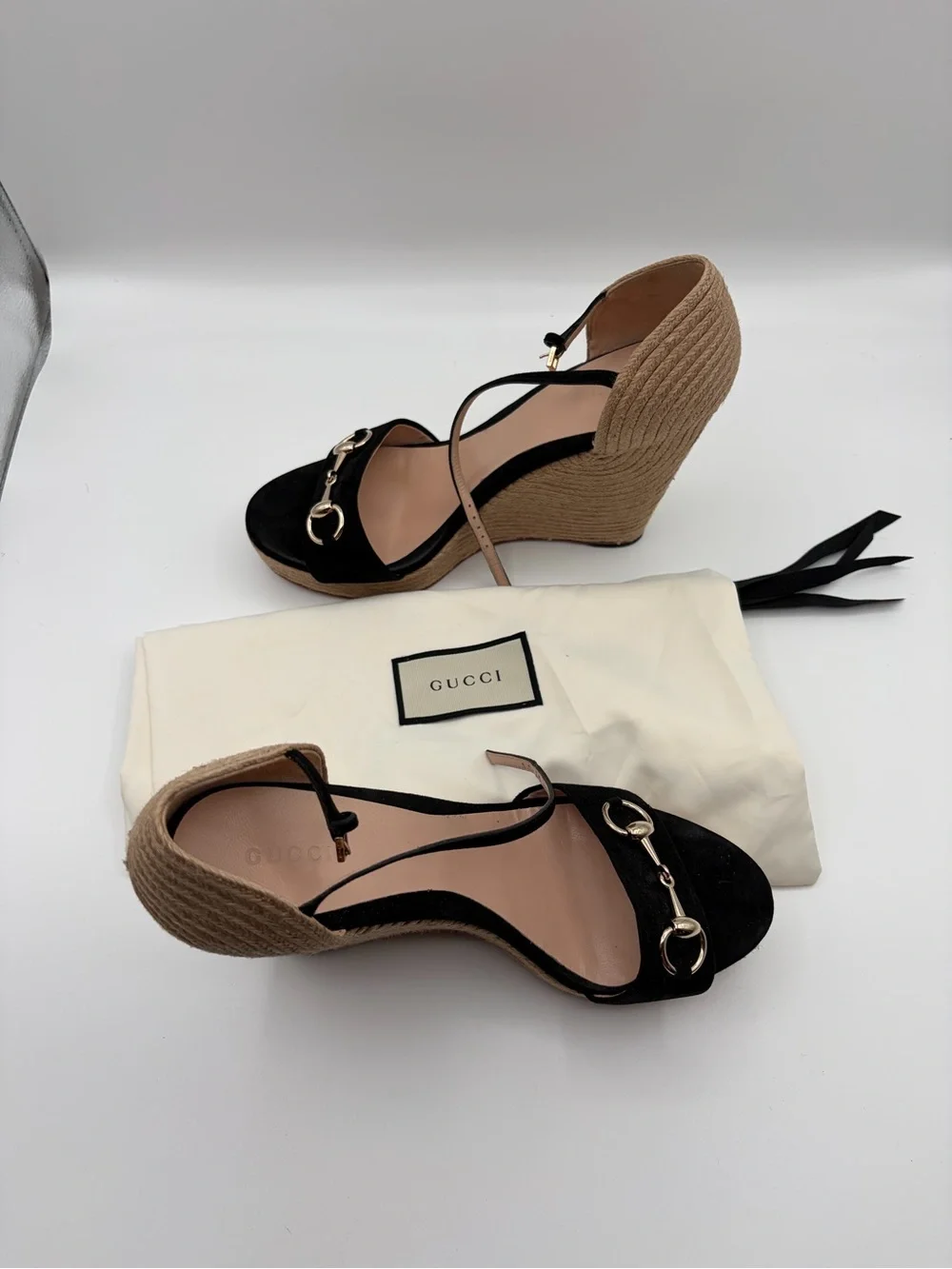 Gucci Horsebit Kid Suede Espadrille Wedge Sandals Black Size 40 - Picture 2 of 9